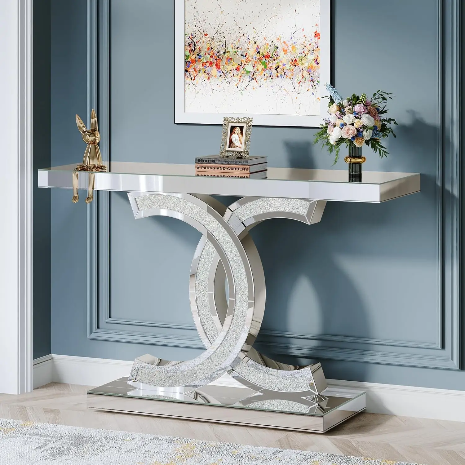 Mirrored Console Table, Modern Silver Entryway Table with Sparkling Crystal Inlays，silver