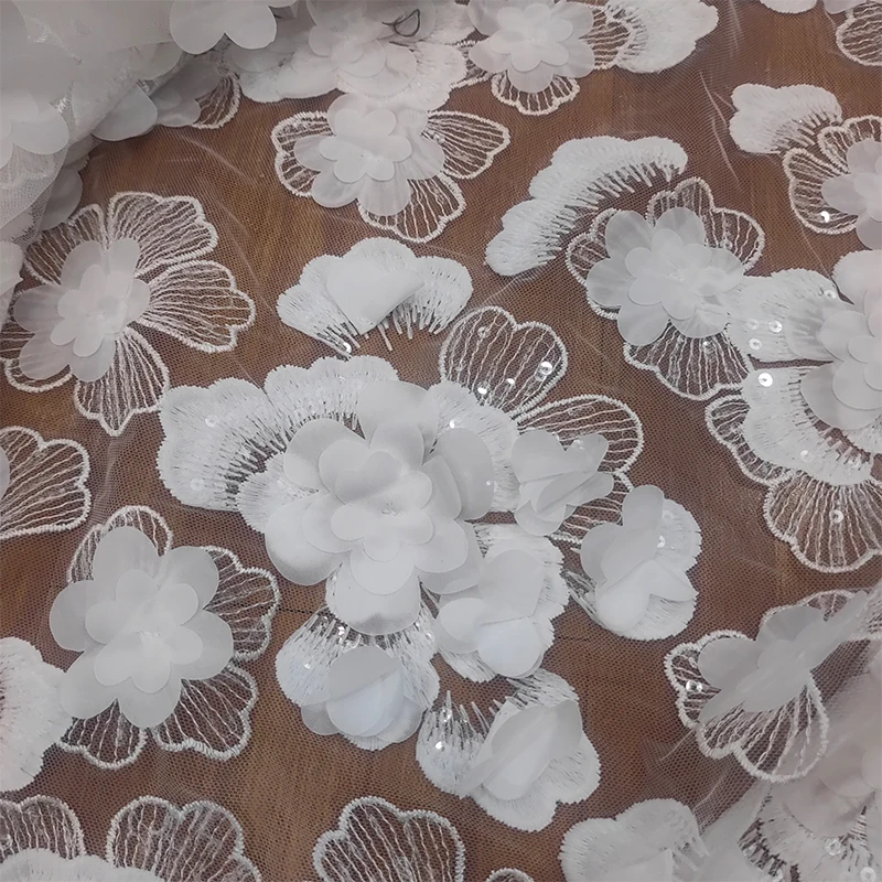 Applique Sequin Embroidery 3D Lace Fabric, Off White Handmade Sewing for Wedding Dresses, DIY Clothing Accessories