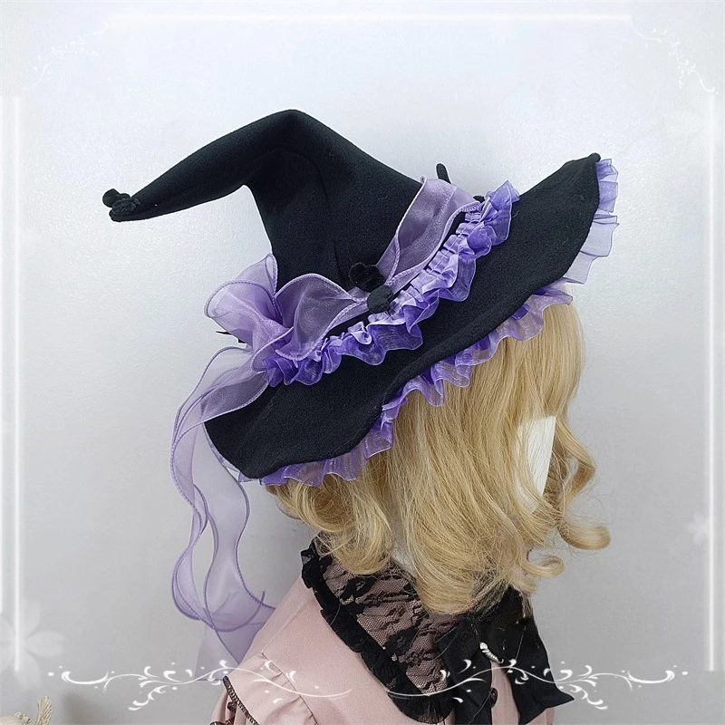 Cappello da strega di Halloween originale fatto a mano Cappello da mago a punta Cappello a cilindro gotico scuro Lolita per ragazze