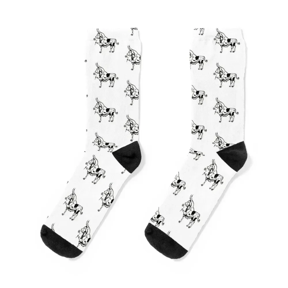 Black and White Cute Bull holding Flower Tattoo Socks Climbing christmas stocking with print Socks Girl Men's