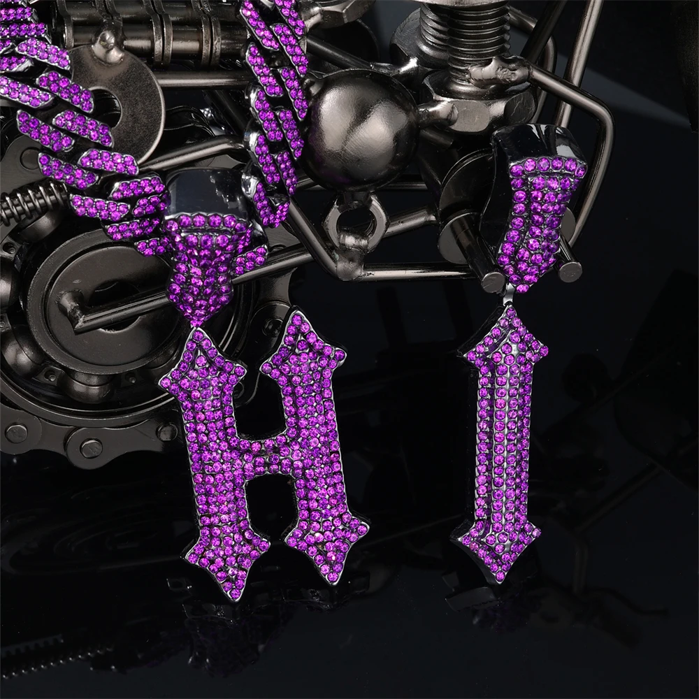 Hip Hop Full 12MM Purple Iced Out Letters Necklaces Iced Out Cross Sword Letters Necklace & Pendant For Men Women Jewelry