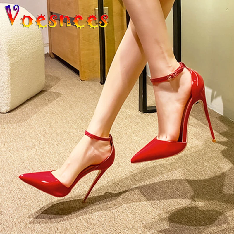 12CM Sexy Side Empty High Heels Pumps Lady Closed Pointed Toe Elegant Sandals Summer Ankle Strap Buckles Party Women Shoes Black