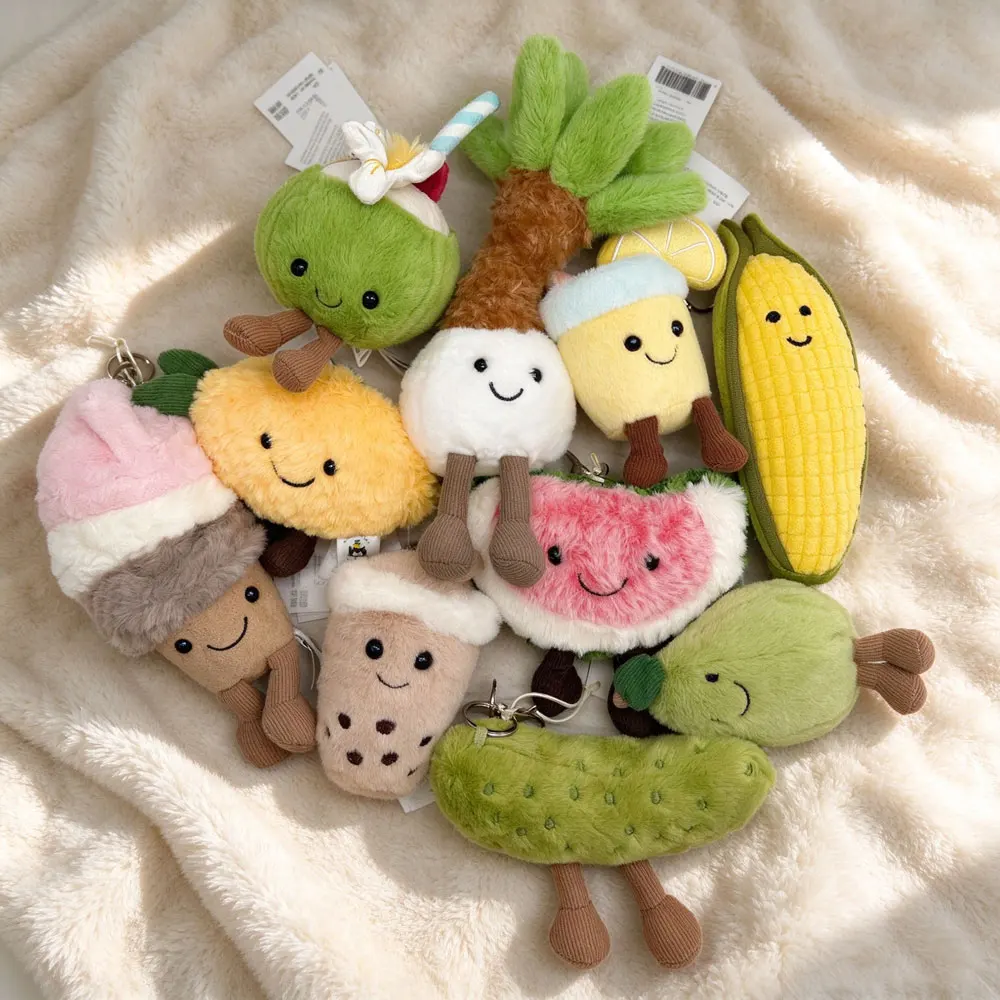 Themed Plush Toy Keychains/Bag Charms Featuring Coconut Trees, Bubble Tea Cups, Watermelons, And Cherries Gifts For Friends.