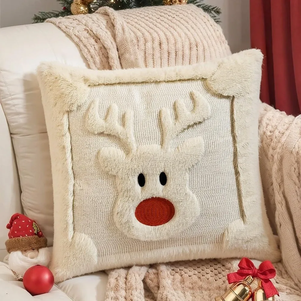 1PC Cartoon Reindeer Pattern Christmas Plush Pillow Cover Sofa Cushion Case Living Room Holiday Decorative Pillowcase Home Decor