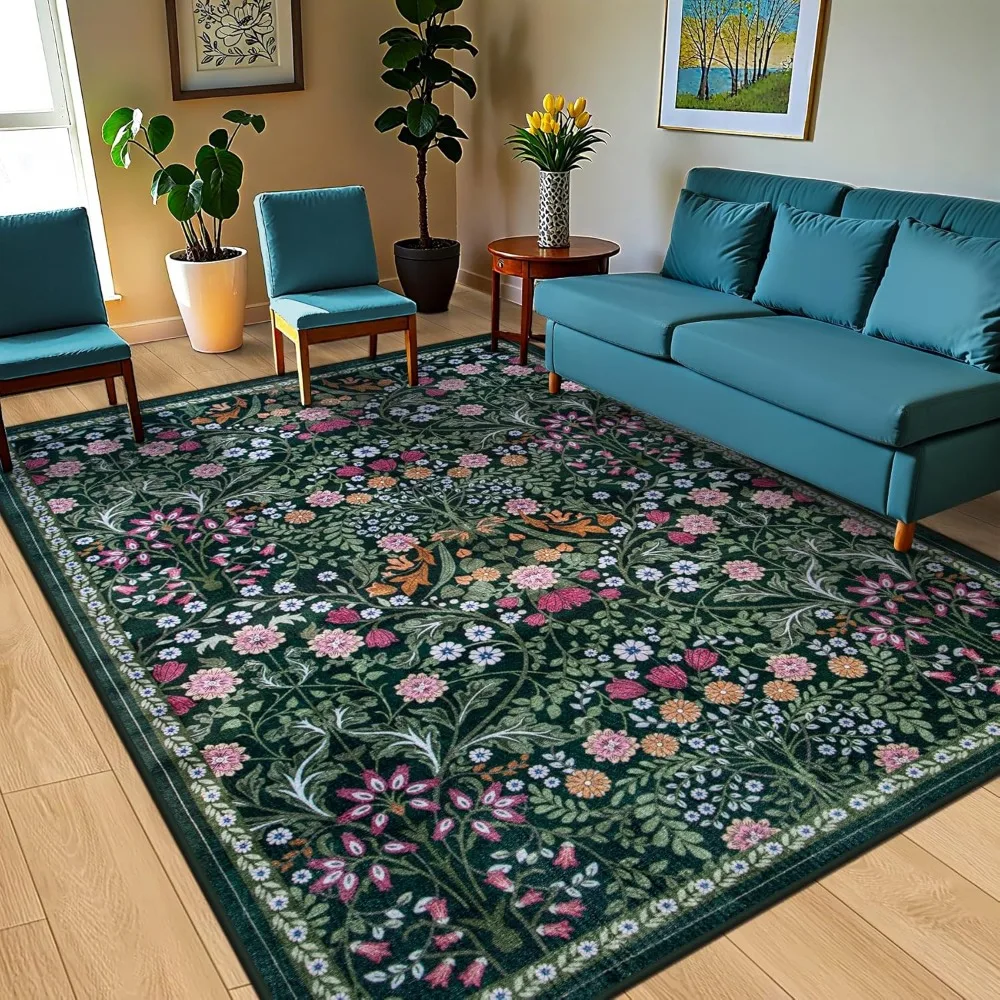 Large Floral Boho Rugs, Washable & Stain Resistant, Soft Non-Slip Area Rugs for Living Room, Vintage Style Low Pile Carpets