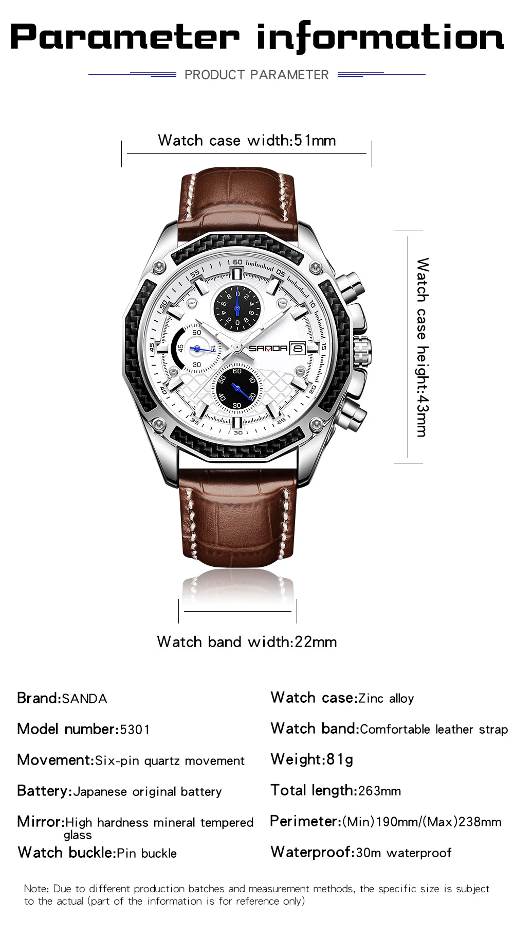 SANDA New 5301 Men's Quartz Watch with Three Eyes and Six Needles Waterproof Calendar Night Light Business Men's Quartz Watch