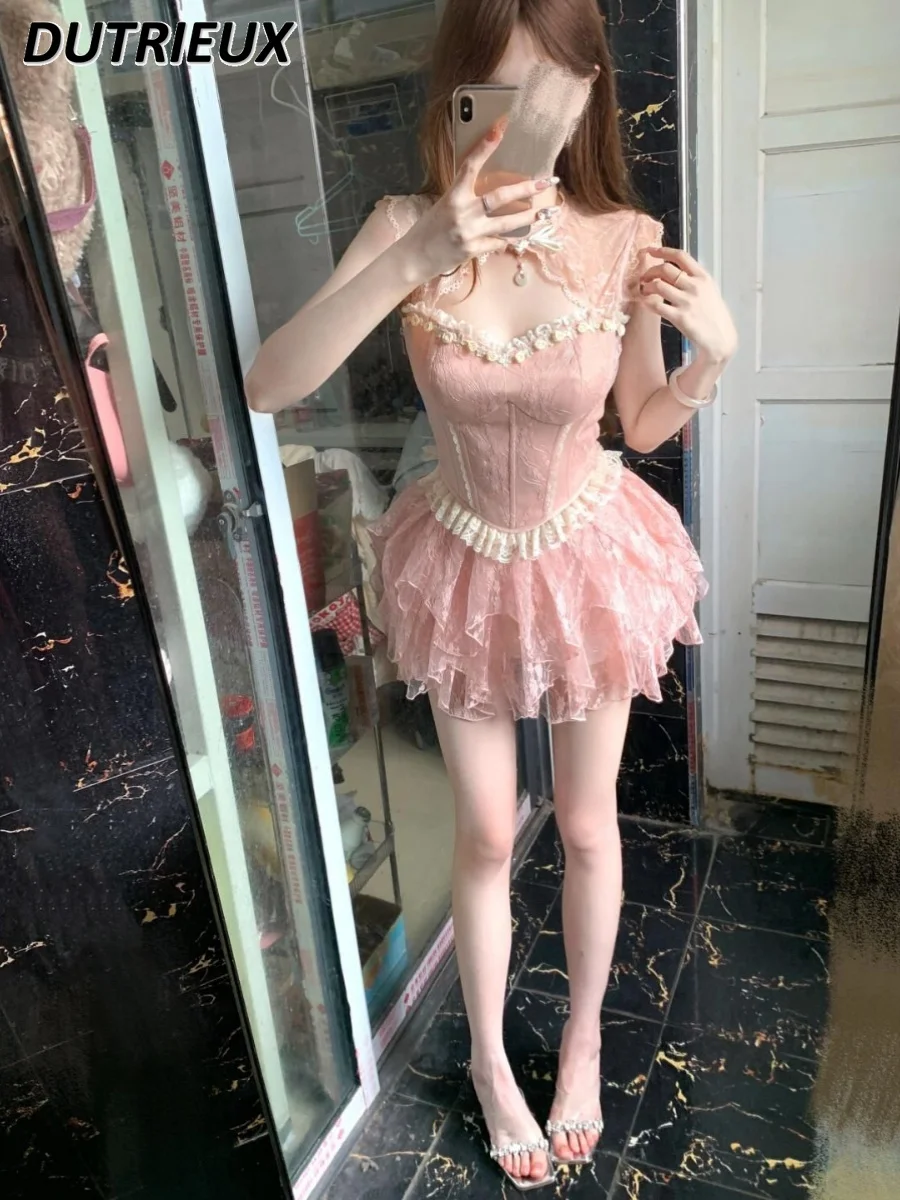 French Sweet Design Pink Slimming Fishbone Tube Top All-Match Lace Floral Short Gauze Skirt Two-Piece Set for Women Summer