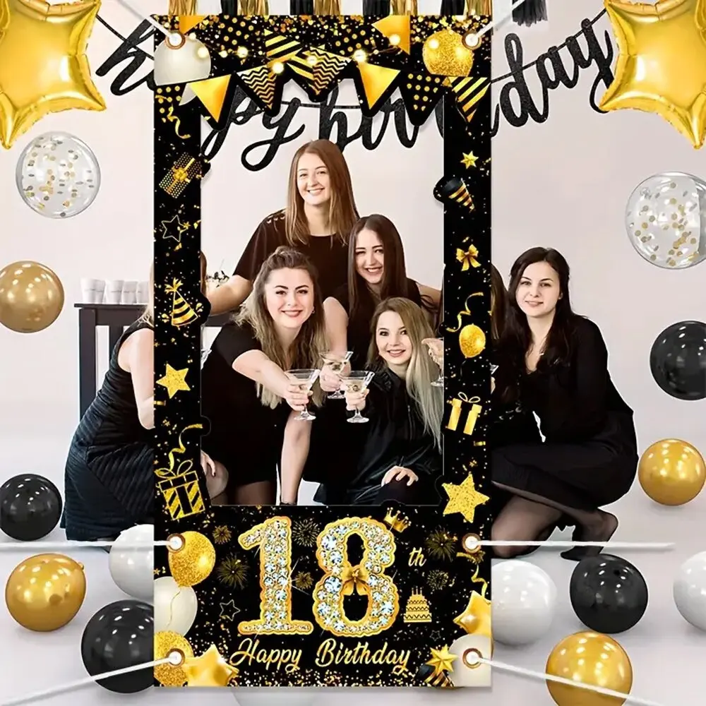 Gold Black Happy Birthday Photo Booth Frame Banner 18th 21st 30th 40th 50th Fabulous Birthday Party Backdrops