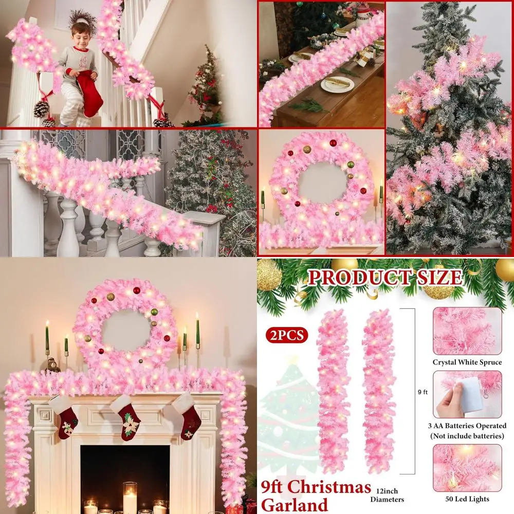 

Battery-Powered Light Pink LED Faux Spruce Garland, 9ft, 2 Pieces, for Seasonal Home Decor