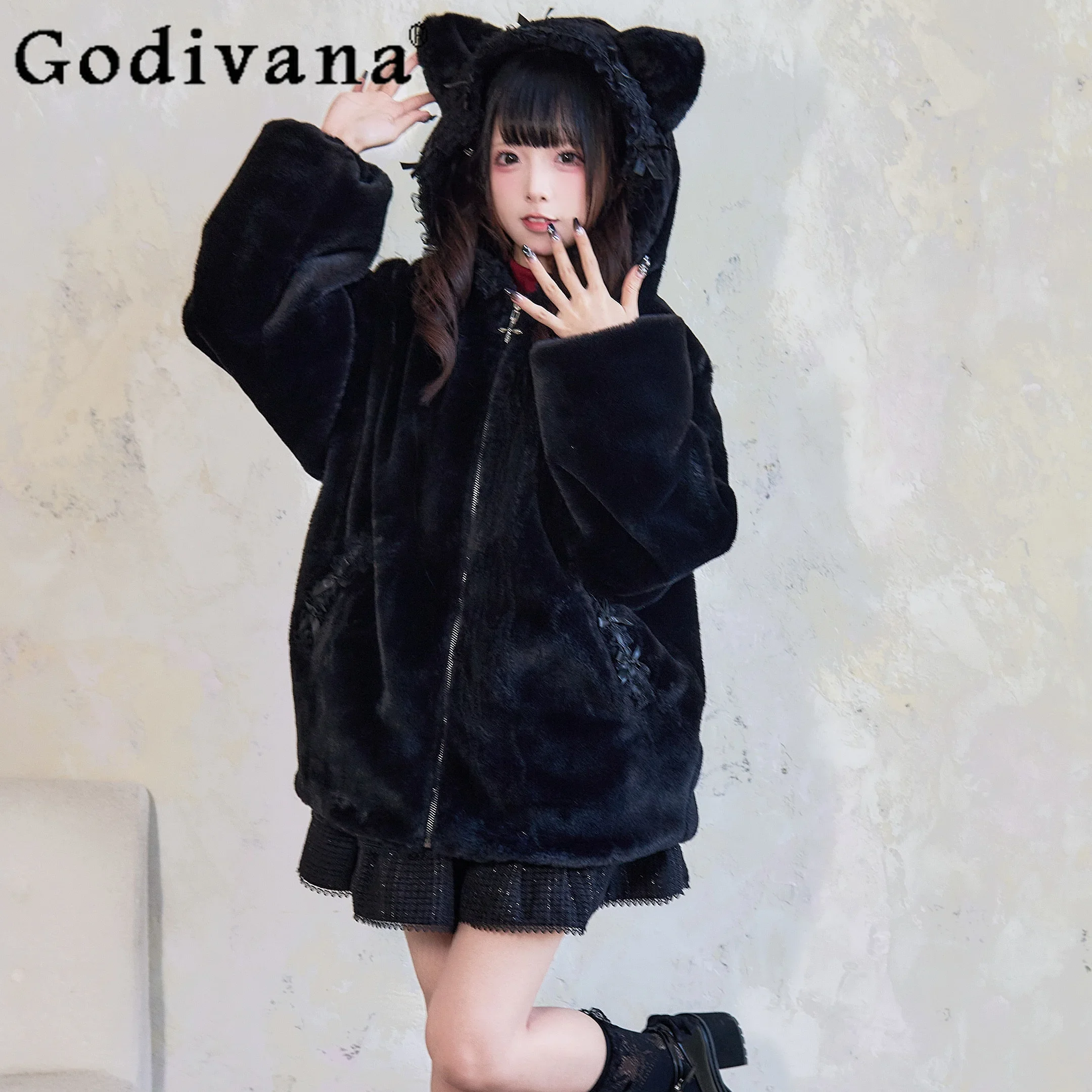 

New Winter Cat Ear Plush Hooded Jacket Original Japanese Style Mine Mass Production Subculture Girls Cute Furry Warm Parka Coat