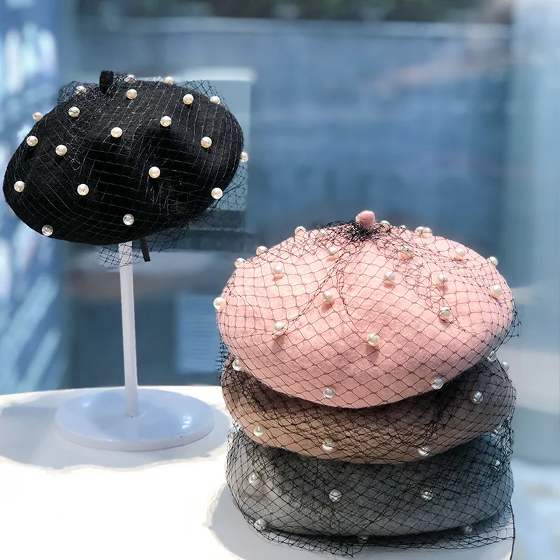 8746 Berets Hat With Pearl French Beret Hats For Women Beret With Mesh Solid SIQITECHNO Berets Hat with Pearl French Beret Hats for Women  main image 2