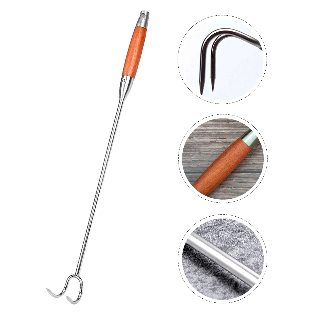 

Stainless Steel Meat Hook BBQ Tool Camping Beach Practical Food Flipper Hooks Wooden Handle BBQ Grilling
