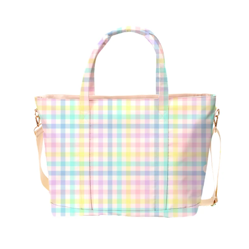 Stock Rainbow Plaid Prints Handbag Cute Bow Travel Tote Bag with Adjustable Shoulder Strap Waterproof Nylon Woman Shoulder Bag