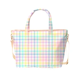 Stock Rainbow Plaid Prints Handbag Cute Bow Travel Tote Bag with Adjustable Shoulder Strap Waterproof Nylon Woman Shoulder Bag