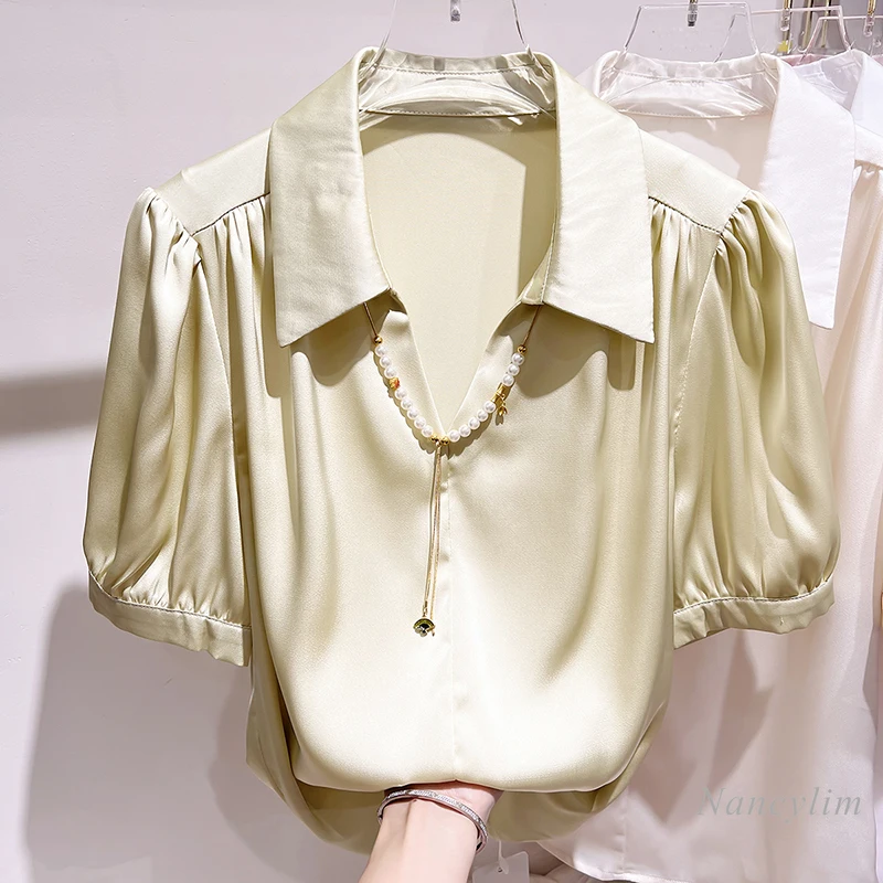 

2024 New Elegant Slimming Lapel Chain Decoration Collar Pullover Short Sleeve Chiffon Shirt for Women Summer Thin Top OL Blouse