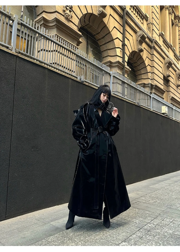 Lautaro Spring Autumn Extra Long Oversized Cool Reflective Shiny Black Patent Leather Trench Coat for Women Belt Runway Fashion