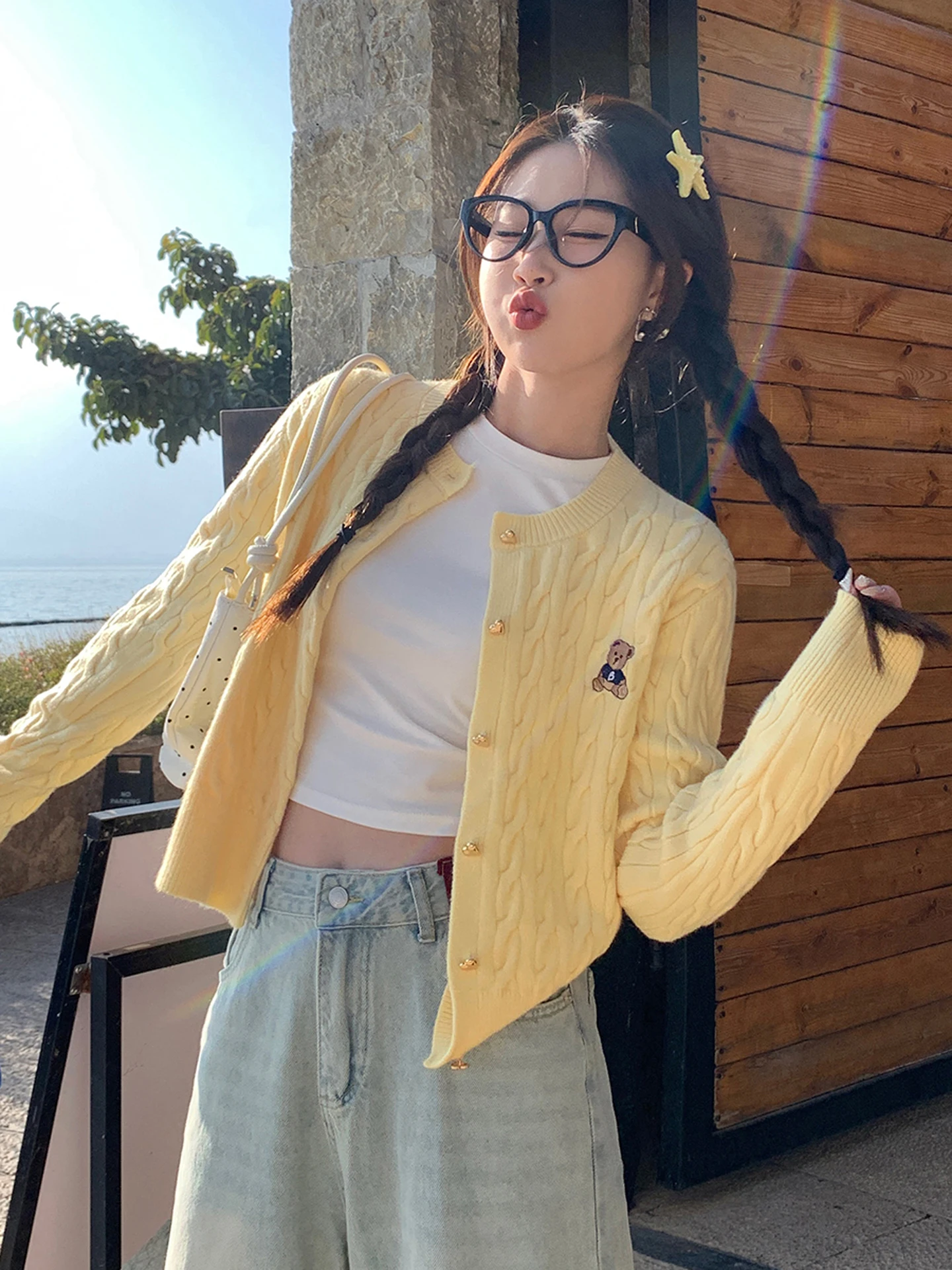 니트 가디건 여성용 가을 겨울 신상 슬레 베어 자수 트위스트 스웨터 대학 스타일 캐주얼 루즈핏 롱 스웨터