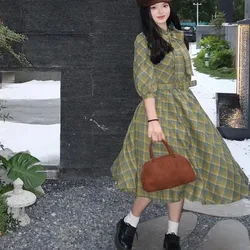 NONASR French Style Vintage Green Plaid Dress Women Summer Bow Lace-up Waist Slim Big Hem Long Dress Boho RPrincess Dresses