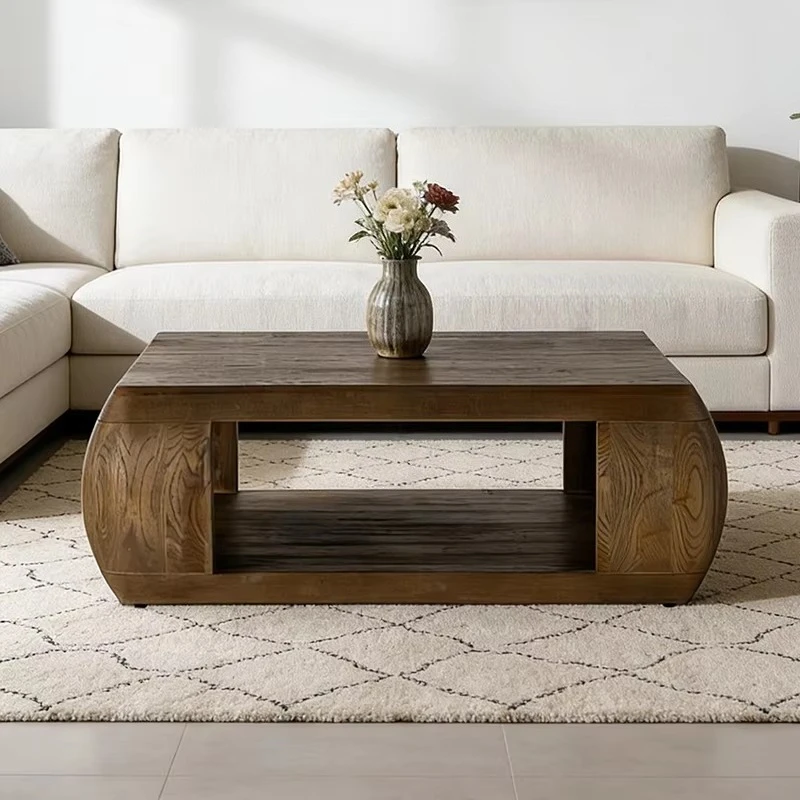 wq-Solid Wood Coffee Table with Curved Side Panels and Open Storage Natural Oak Finish for Modern Living Rooms Mesa De Centro^