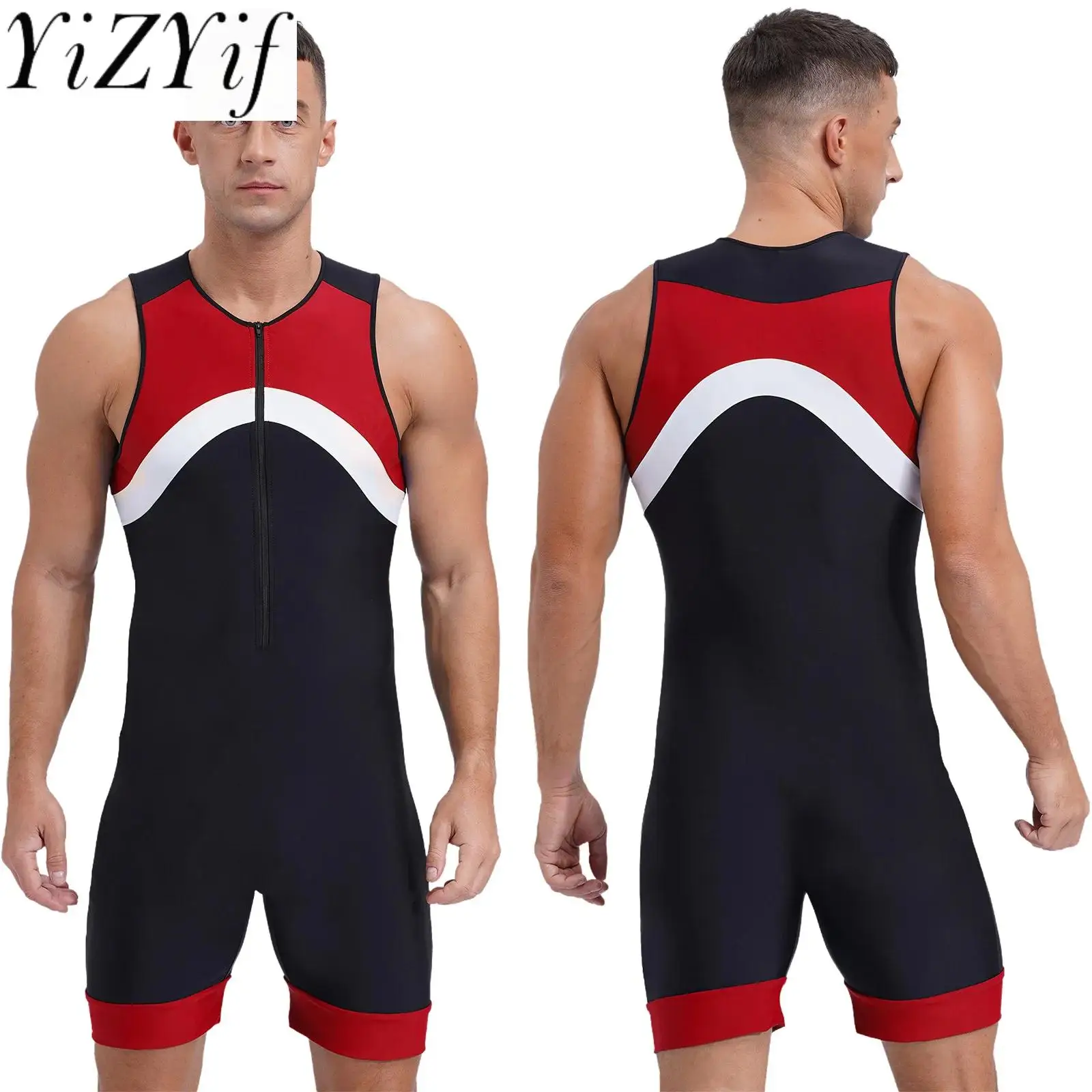 

Men Swimwear One-piece Wetsuit Swimming Bathing Suit Round Neck Sleeveless Side Shorts Bodysuit Triathlon Front Zipper Swimsuit