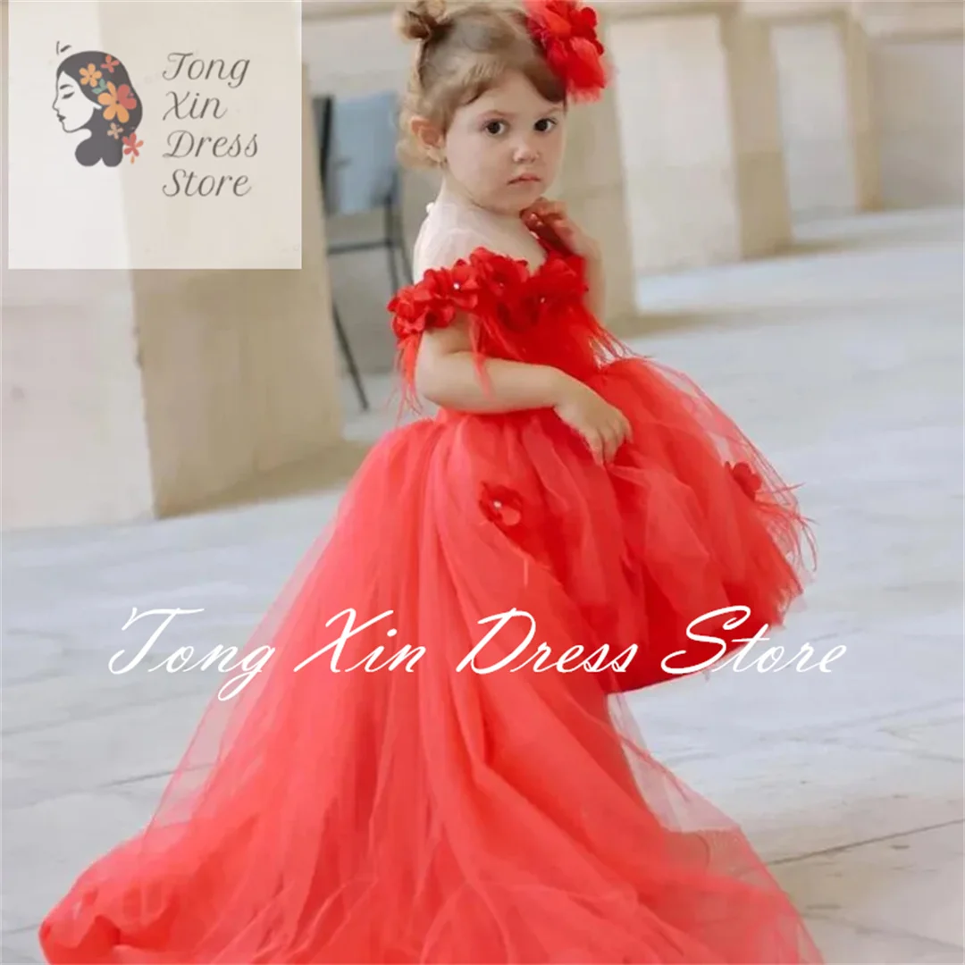 Puffy Red Flower Girl Dress Floral Tulle Applique Feather Ball Gown Wedding Kids Birthday Event Party Pageant Dresses