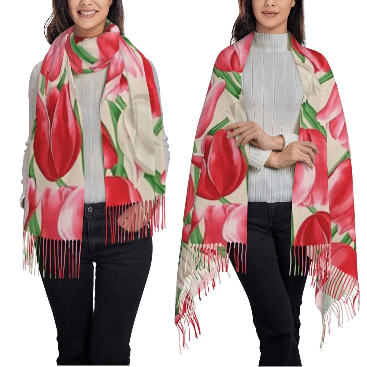 Tulip Design Pattern Scarf Tassel Scarves Women Soft Warm Shawls and Wraps Large Fall Winter Shawl Wrap