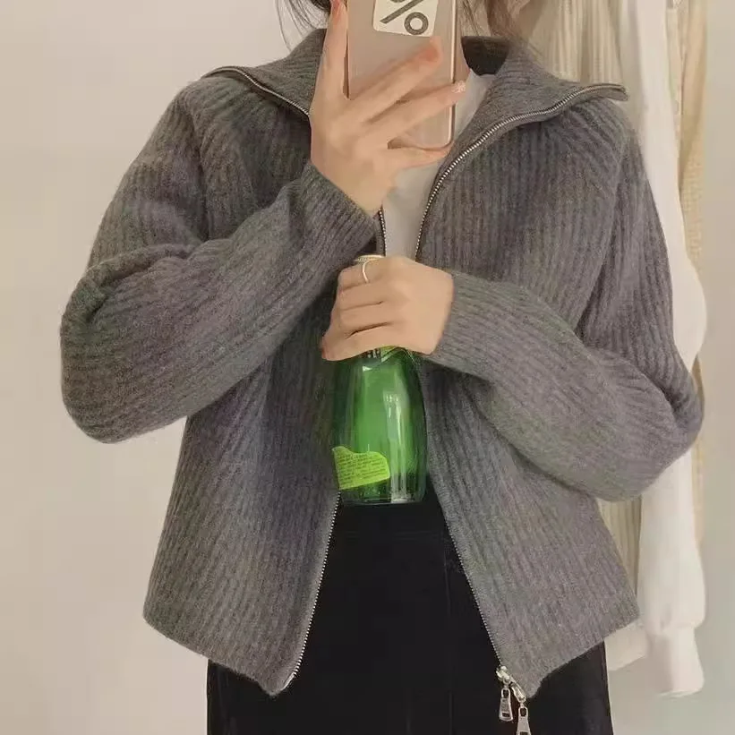 Zipper High Neck Strickjacke Für Frauen Frühling Herbst Einfarbig Einfache Pullover Jacke Koreanische Casual Mode Stricken Mantel