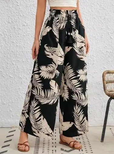 Wide Leg Pants Woman Tropical Leaf Print Casual Drawstring Wide Leg Pants for Women High Waisted Loose Pockets Wide Leg Pants