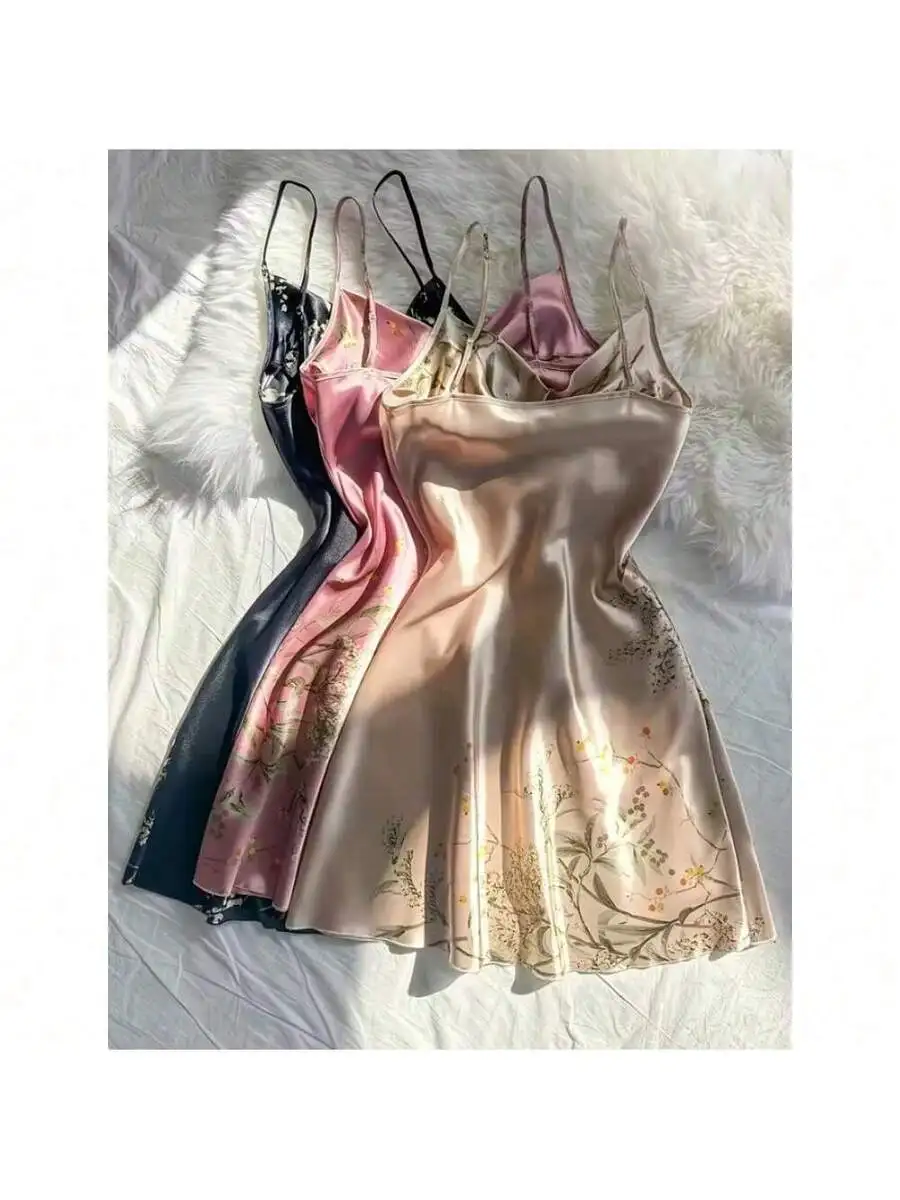 

3-Pack Floral Print Satin Slip Nightgown For Women Loose Fit Sleeveless Sleepwear