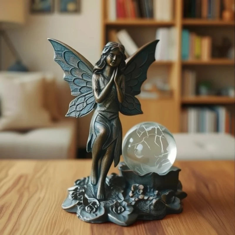 

Solar Figurine Fairy Garden Statue with Butterfly Wings Crackled Glass Ball Handcrafted Outdoor Decor for Patio & Lawn Decoratio