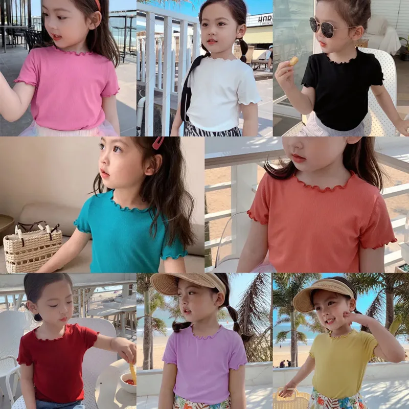 2026 Girls' Casual Ice Silk Short-Sleeve T-Shirt, New Korean Style Children's Ruffled Top, Solid Color, Simple and Versatile
