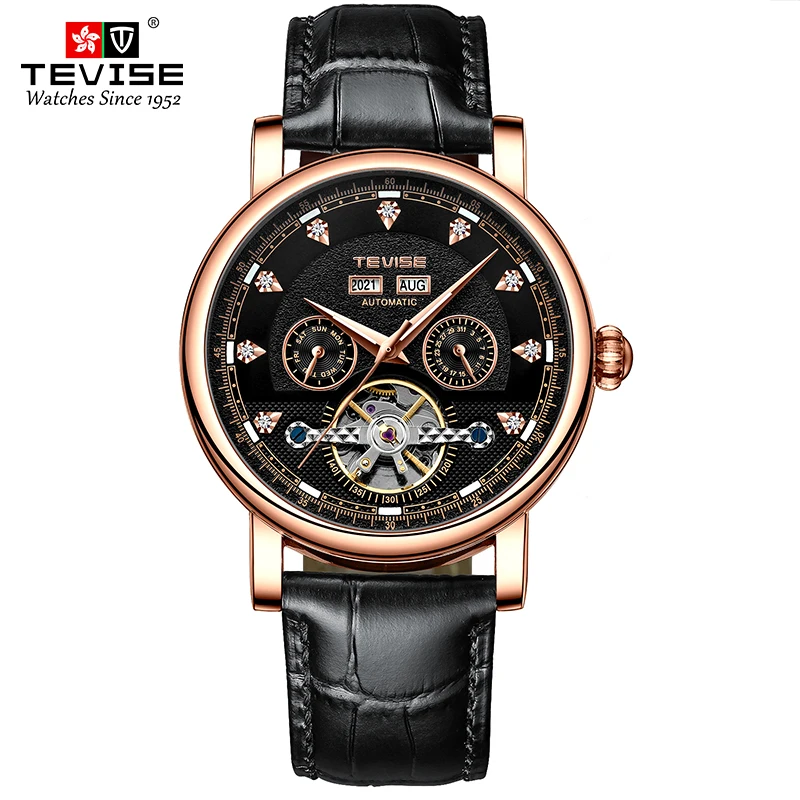 TEVISE Automatic Mechanical Watch for Man Business Casual Stainless Steel Leather Wristwatch luminous Waterproof