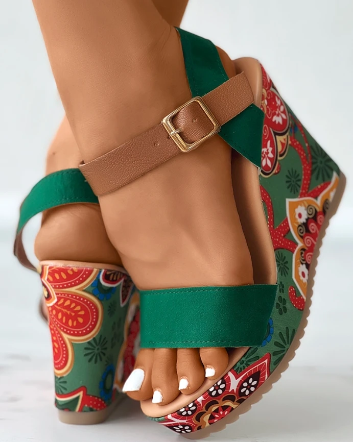 

Peep Toe Floral Print Slingback Wedge Sandals