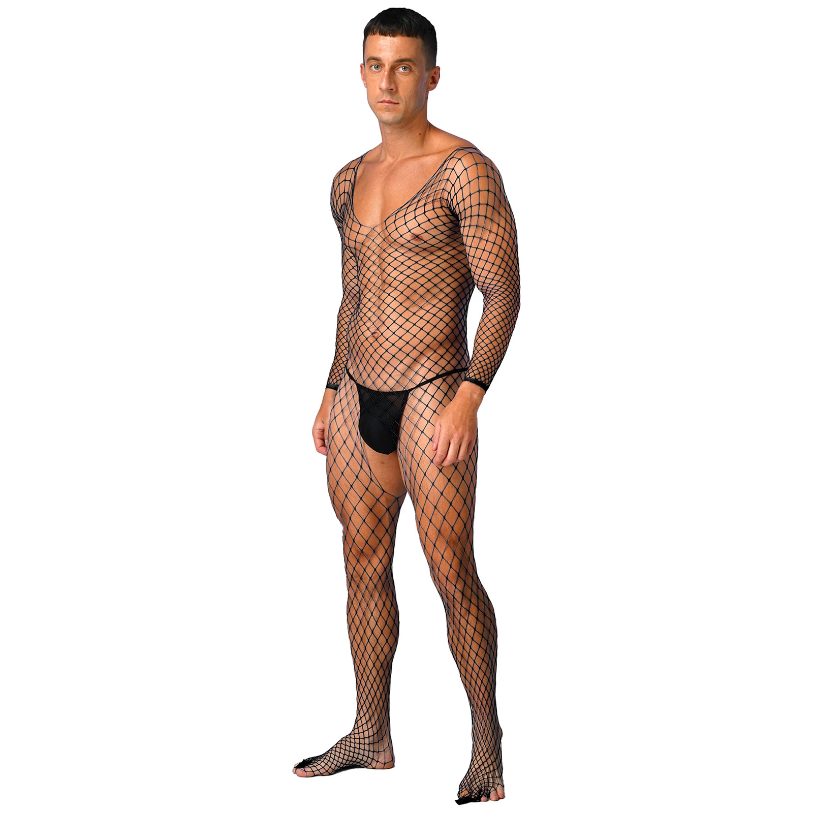 Gay Mens Sexy Lingerie Exotic Fishnet Bodystocking Jumpsuit Mesh Net See-through Long Sleeve Bodysuit Sleepwear Club Wear