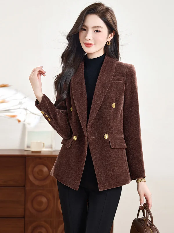 Retro Corduroy Suit Jacket Women's Casual Waist-Cinching OL Style Versatile Long Sleeve Business Casual Fashionable Coat