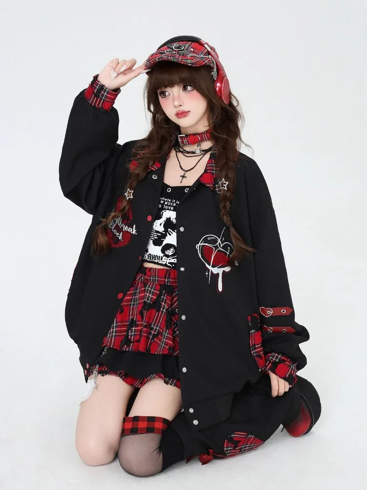 Japão estética bonito xadrez retalhos jaqueta de beisebol topo gótico feminino moletom manga longa y2k casaco oversized design original