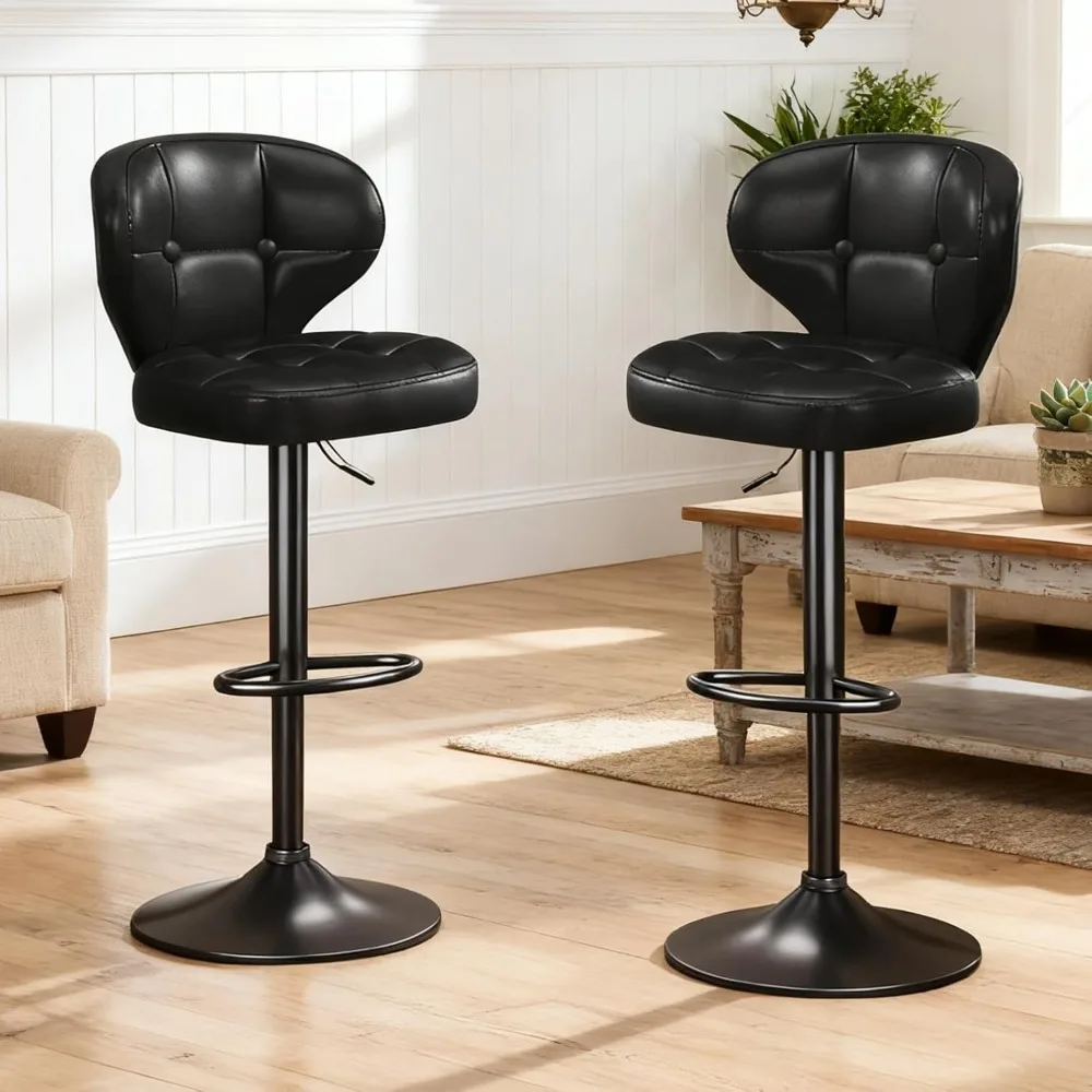 

Modern Bar Stools Set of 2 Swivel Kitchen Stool Height Adjustable Padded Seat with Backrest Metal Frame Anti-Slip Base Ideal.