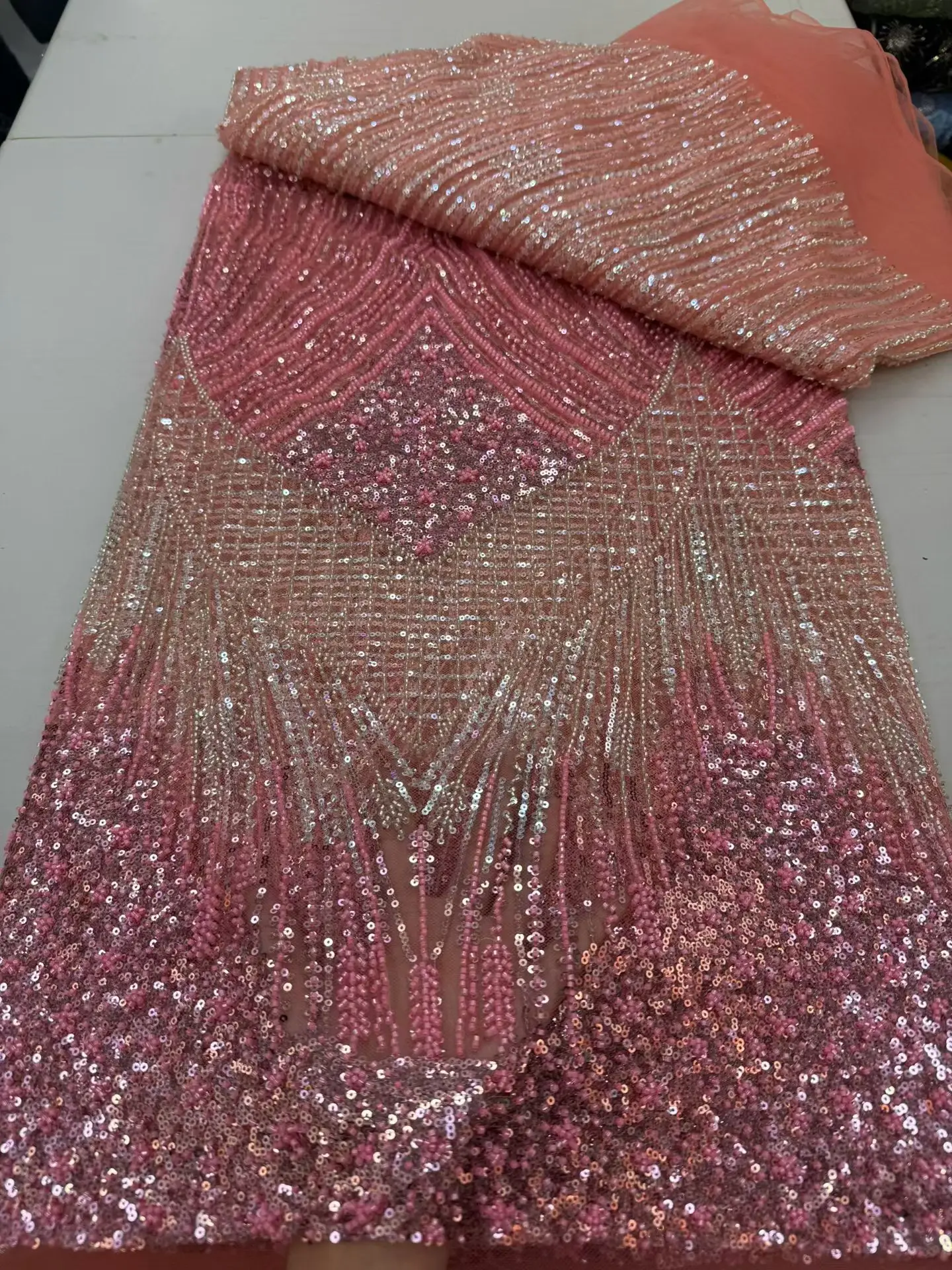 

African Lace Fabric 5 Yards High Quality 2026 Pink Beaded Lace Fabric With Sequin Embroidery Tulle Lace For Wedding Dress M143-1