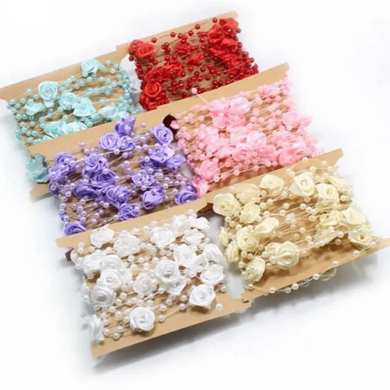 5Yards Rose Pearl String Beads Garland Flower Artificial Pearl Wire Bead Chain For DIY Crafts Gift Wrapping Wedding Party Decor