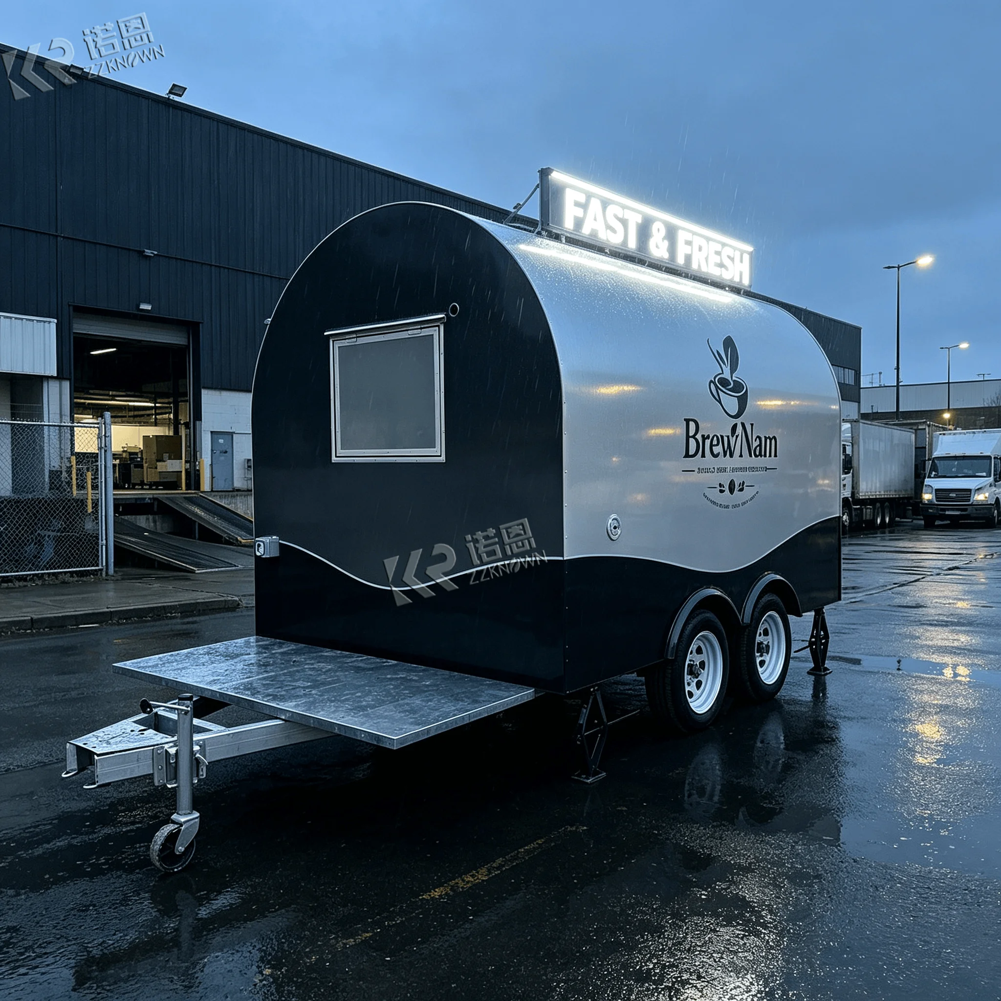 2.3m Curved‑Shape Towable Food Truck & Food Trailer 304 Stainless Steel With Awning for Outdoor Market Snack Vending