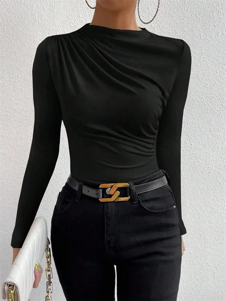 عادية مطوي وهمية الرقبة طويلة الأكمام تي شيرت للنساء الخريف الشتاء الربيع بلون Ruched نحيل سليم صالح بلوزة قميص علوي