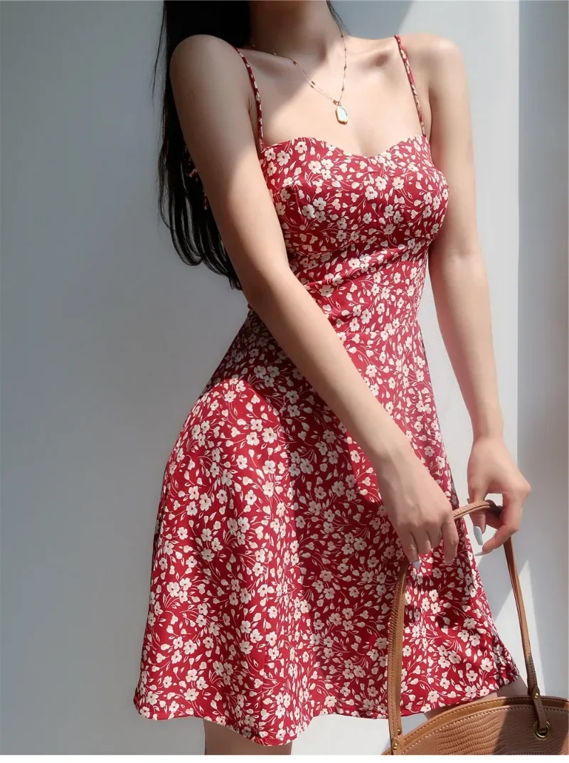 Women New Summer Floral Dress Slim Waist Bandage Slip Dresses Chic Sweet Girls Vintage Vocation Clothes Cute Cottagecore Dresses