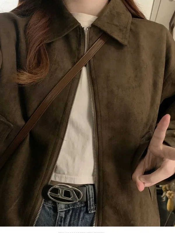 

Spring Autumn Suede Jaet Women's Winter New Sle ort Sweet Cool American Sle Cardigan Top Loose Fit Zipper ket Pure...