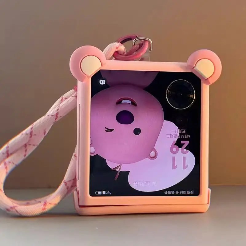 Cute Pink Ears Portable Lanyard Phone Case For Motorola MOTO RAZR 40 Ultra 50 Ultra 60 Pro Razr Plus 2025 2024 2023 Hinge Cover