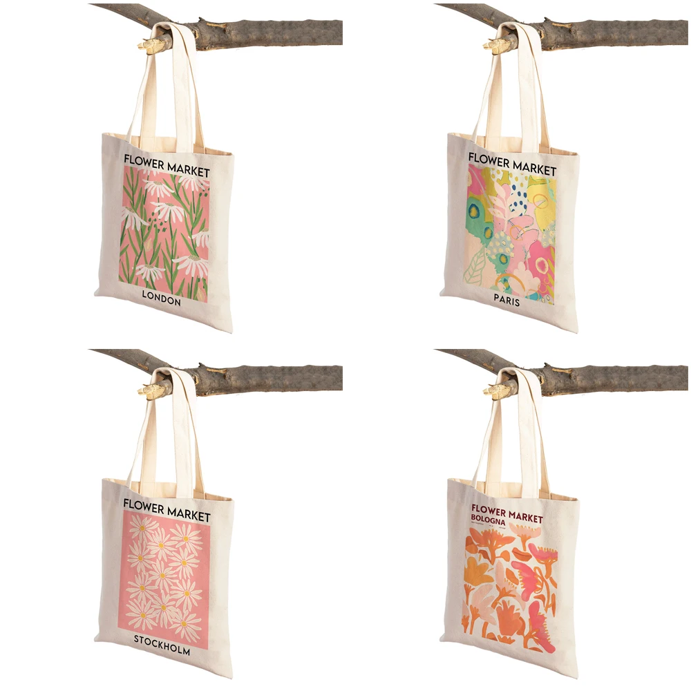 Flower Market London Daisy Tokyo Supermarket Shopper Bag Cartoon Lady Reusable Eco Women Shopping Bags Canvas Tote Handbag