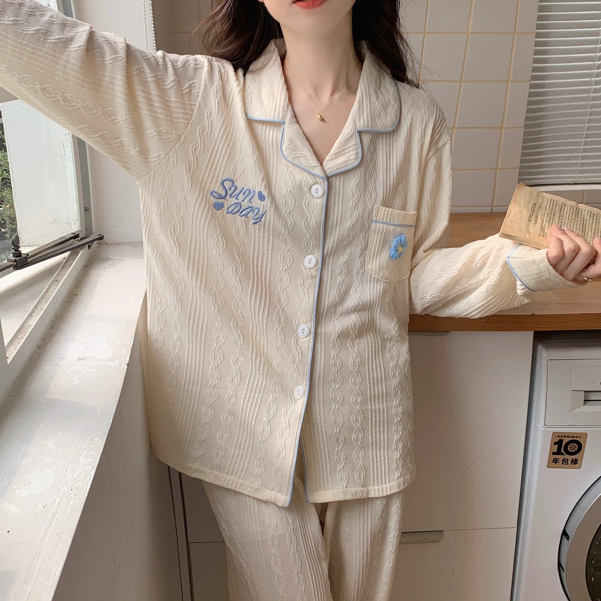 Spring and Autumn Minimally Thin Pajamas Can be Wearing Outside Pajamas Cotton Pajamas Premium Embroidered Long Sleeve Pajamas