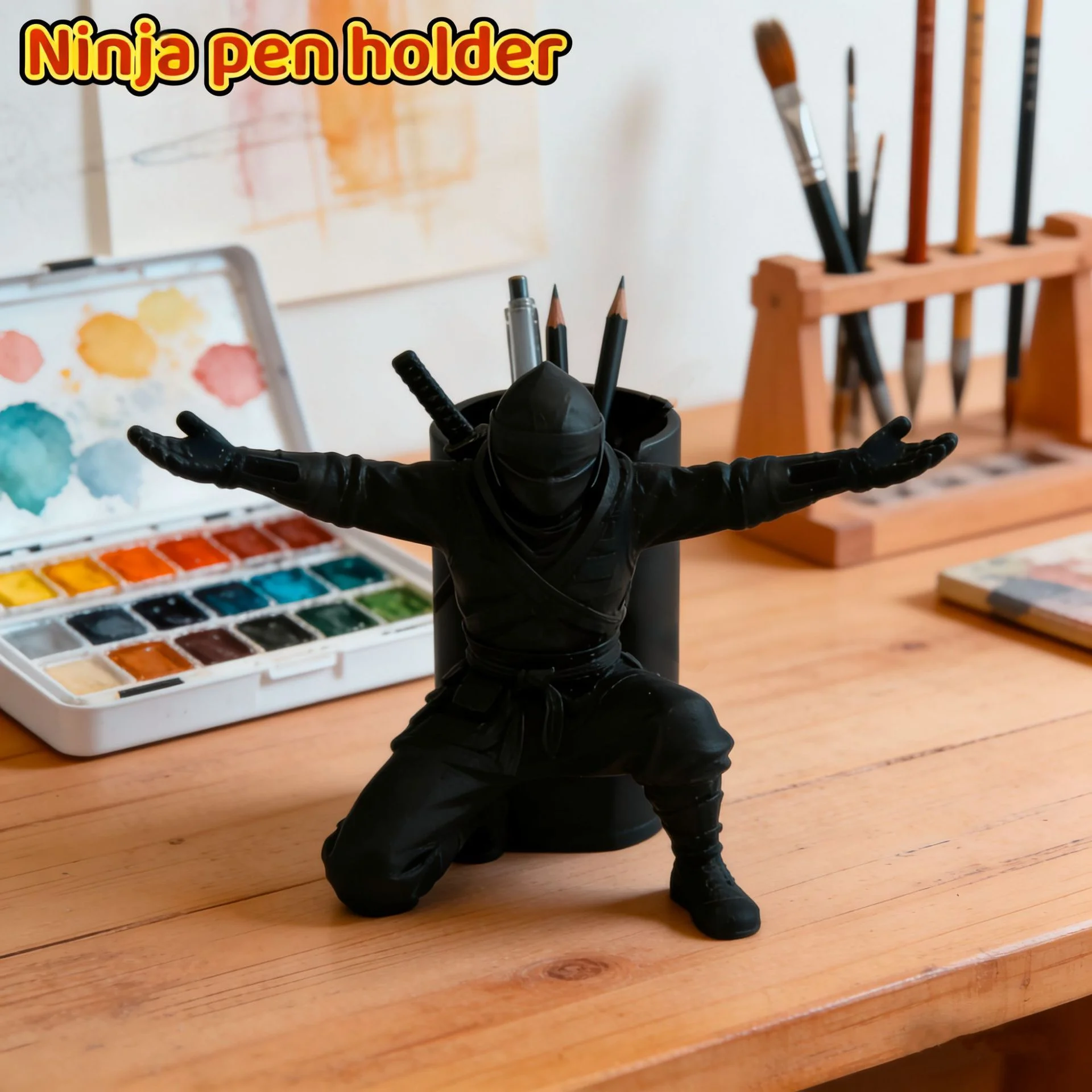 3D Printed Ninja Pen Holder Warrior Figurine Desktop Organizer Multifunctional Stand for Home Office Study Table Decoration