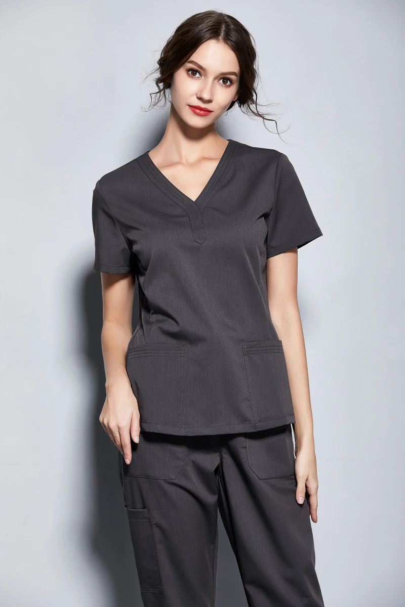 Women's Summer Y Shape Neck Dental And Pet Clinic Healthy Beauty Salon Breathable Medical Uniform Doctors Grey Sporty Scrubs Set