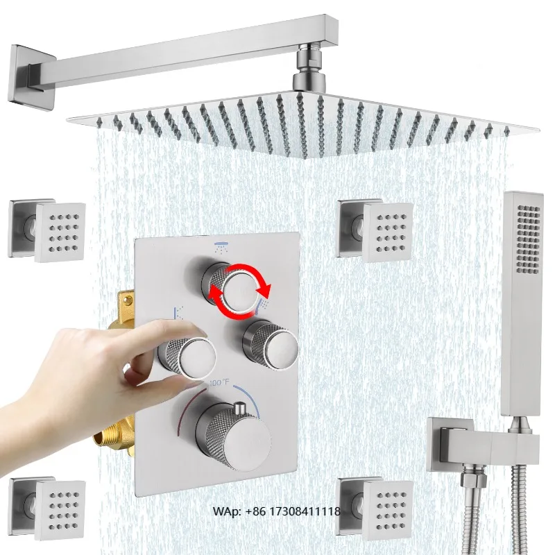

12-Inch wall-mounted rain shower system set Brushed nickel button constant temperature rain shower faucet set