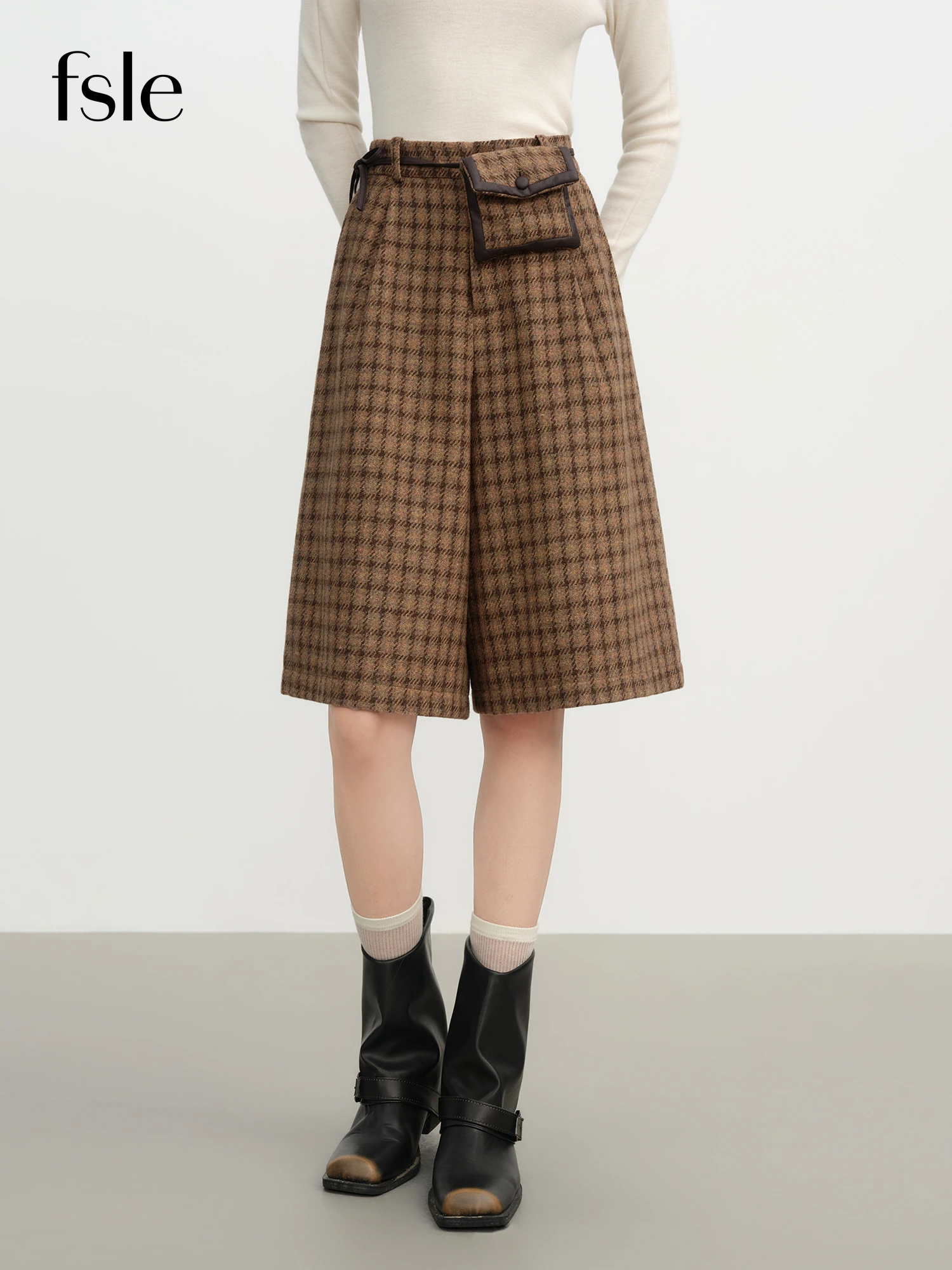 FSLE Designer Pants Autumn Women Plaid Pants with Detachable Pocket Vintage High Waist Trousers Classic Check Pattern Retro Wear